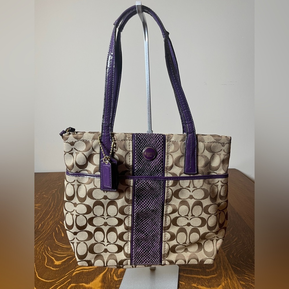 Coach Signature Canvas Small Tote with Purple Snakeskin accents